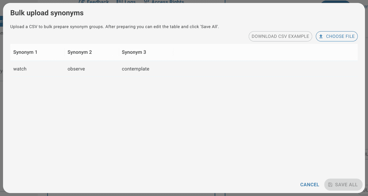 AI Task synonyms bulk upload