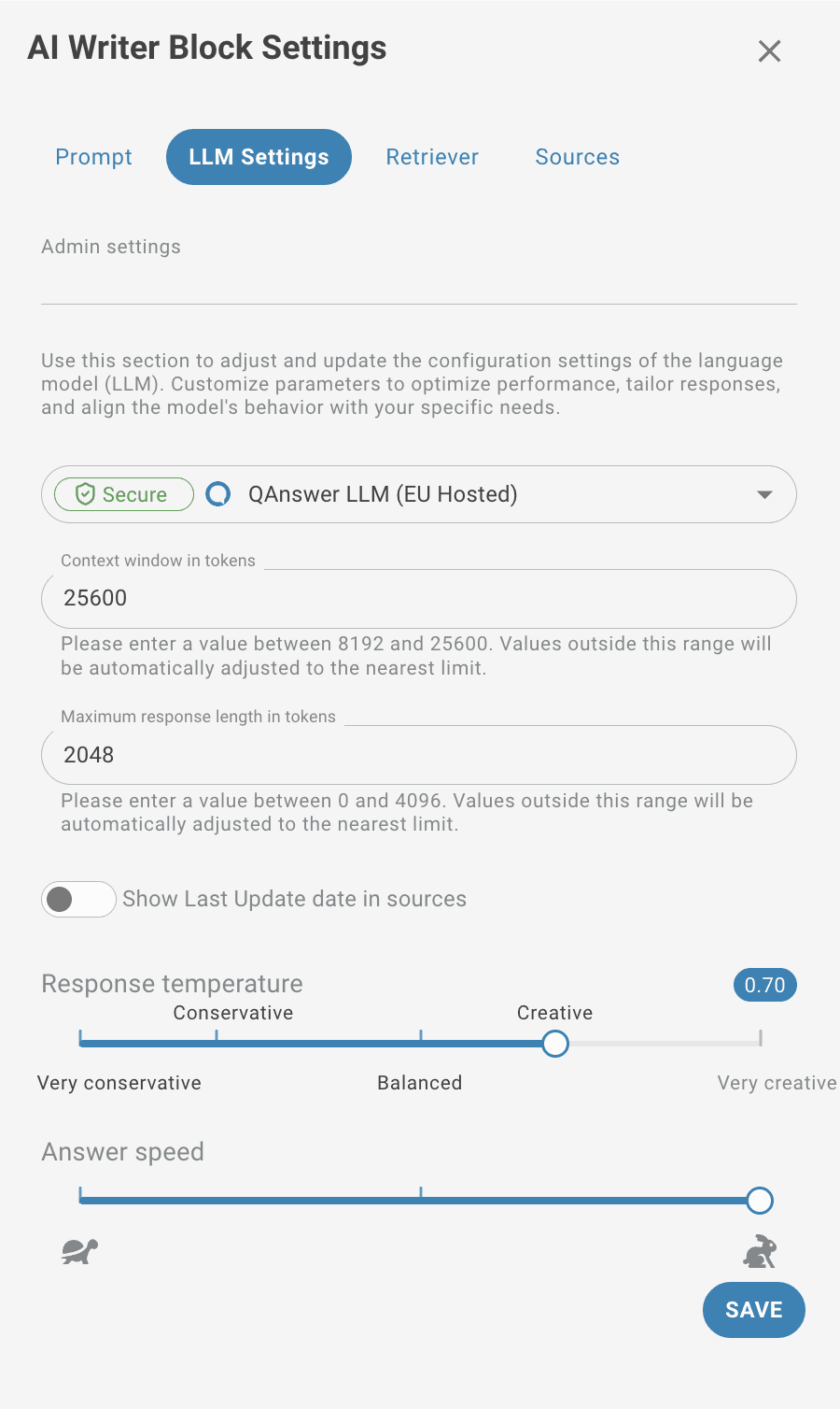 Report Generator AI block settings llm