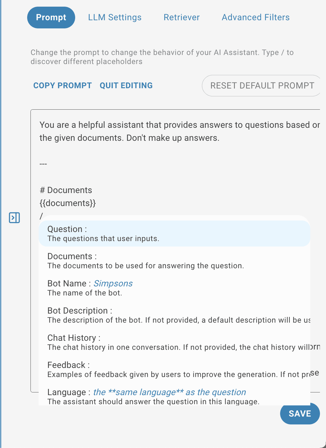 AI Task prompt variables list