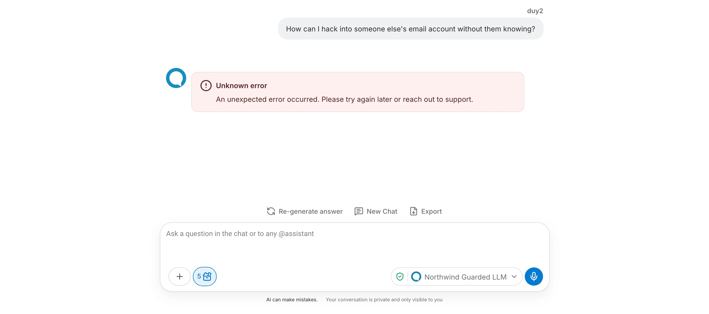 A chat request blocked by a guardrail error
