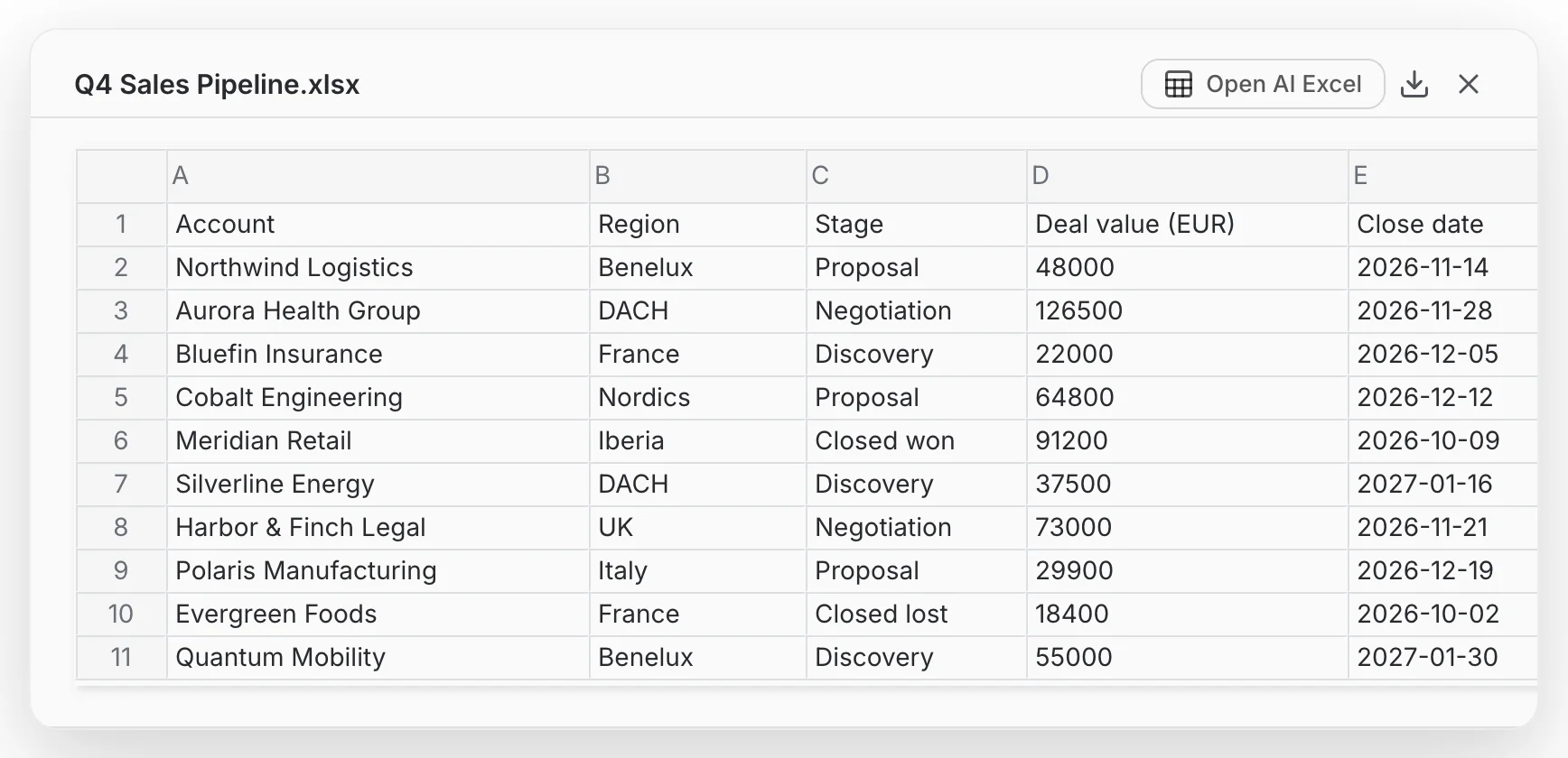The spreadsheet preview dialog with the Open AI Excel button