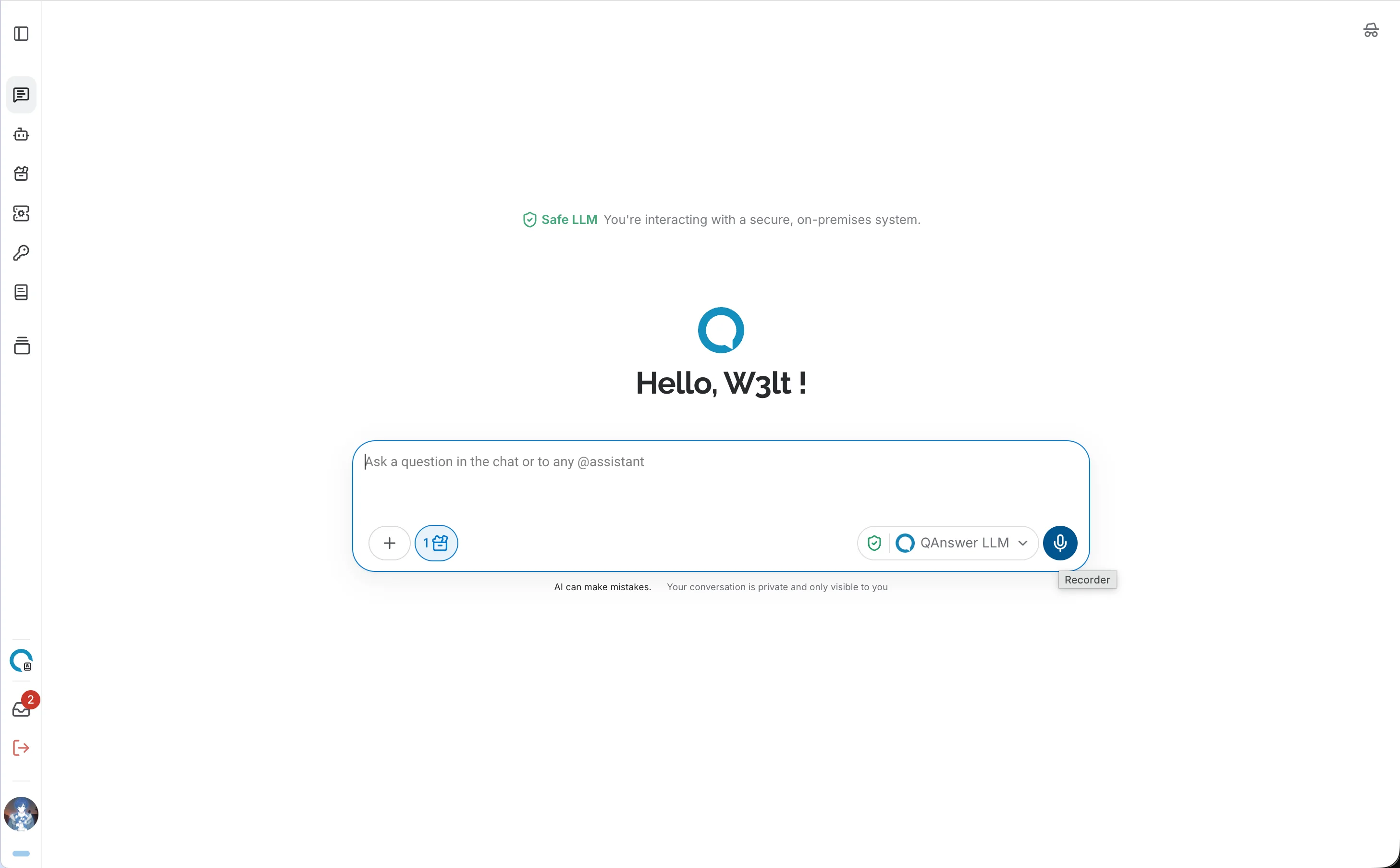 LLM Chat showing the microphone button active and a transcribed message in the input field