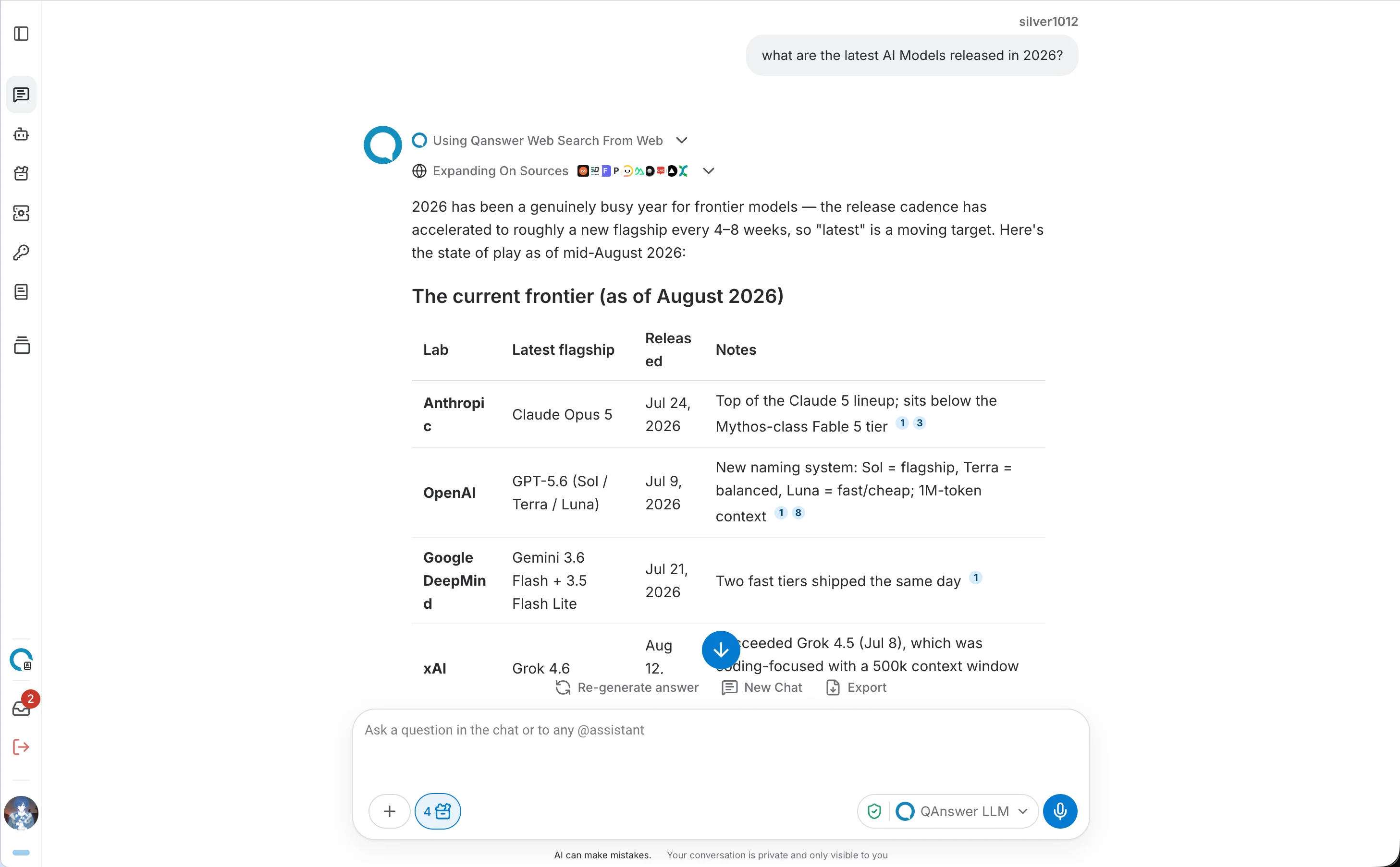 Web search question and answer with sources