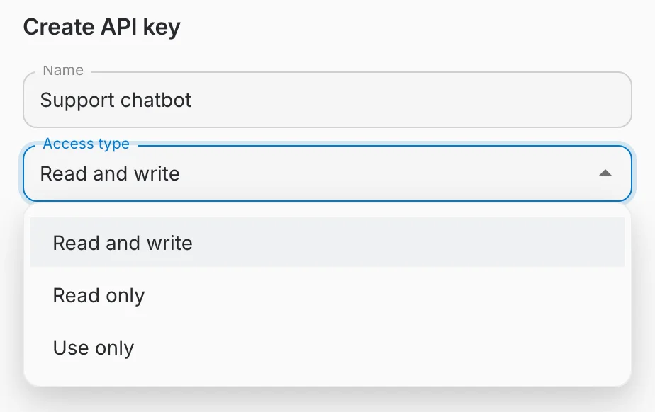The Access type field of the Create API key dialog, open on its three options: Read and write, Read only and Use only