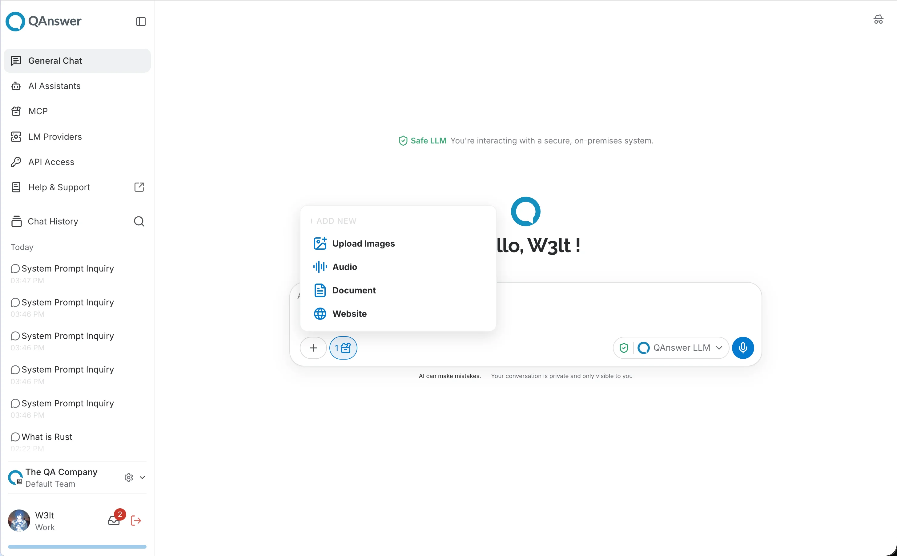 Before — Audio is offered alongside Document and Website in the Chat Playground's attach menu.