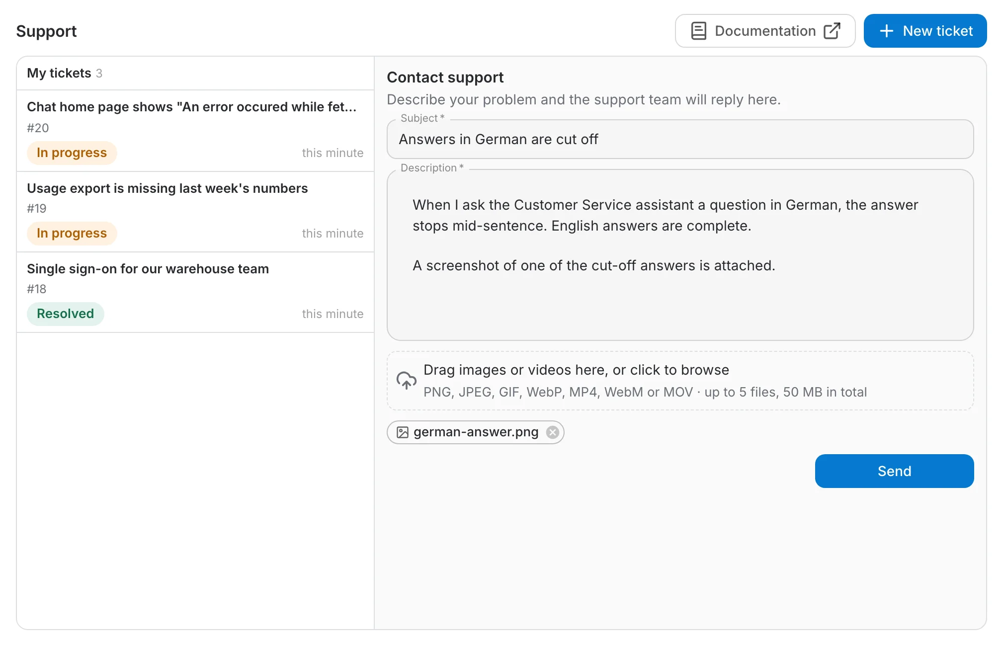 The Support page: the Documentation and New ticket buttons, the My tickets list, and the Contact support form filled in with a subject, a description and an attached image