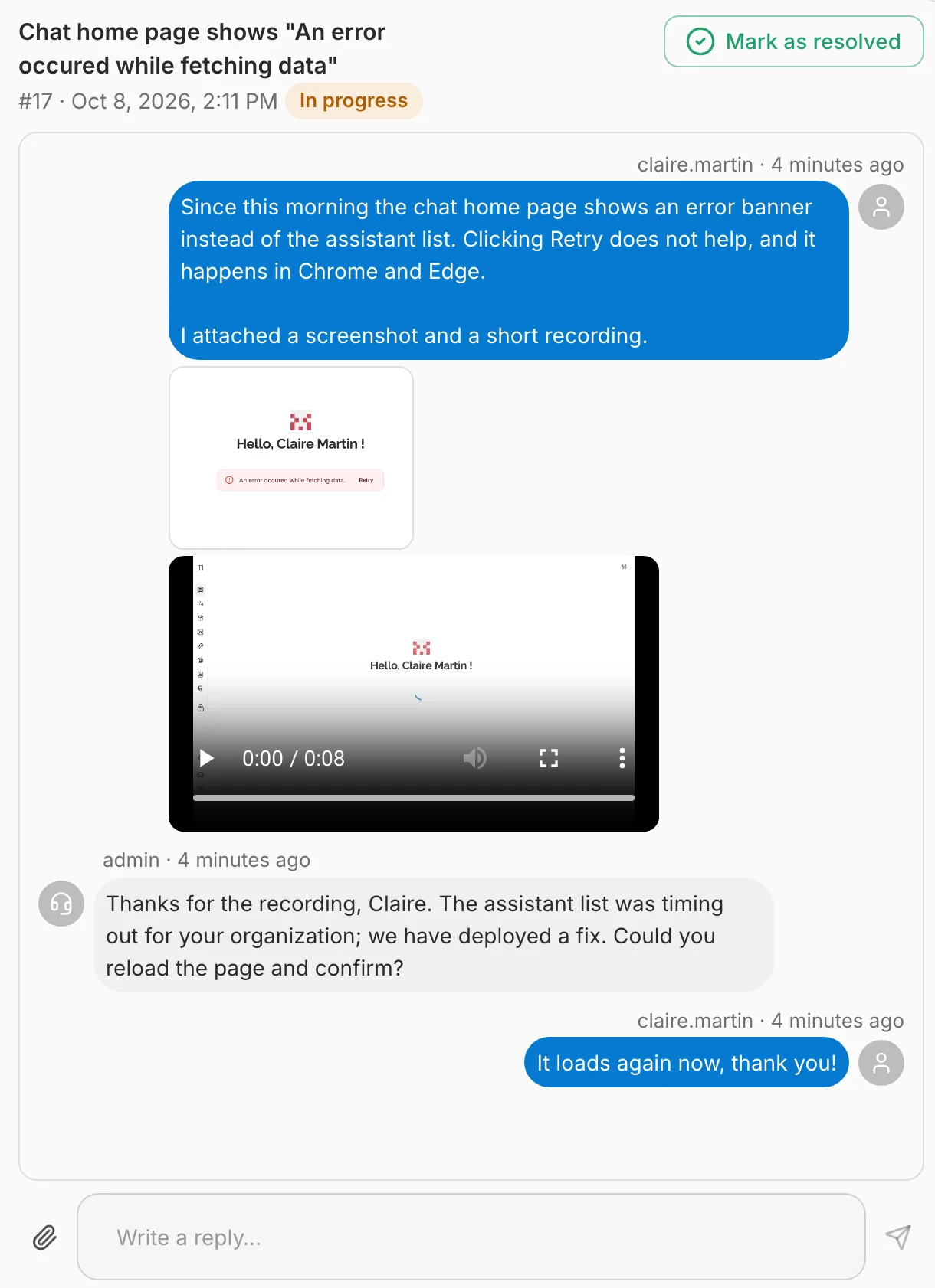 An in-progress ticket: the description with an image and a video, a reply from support with the headset avatar, and the reply box