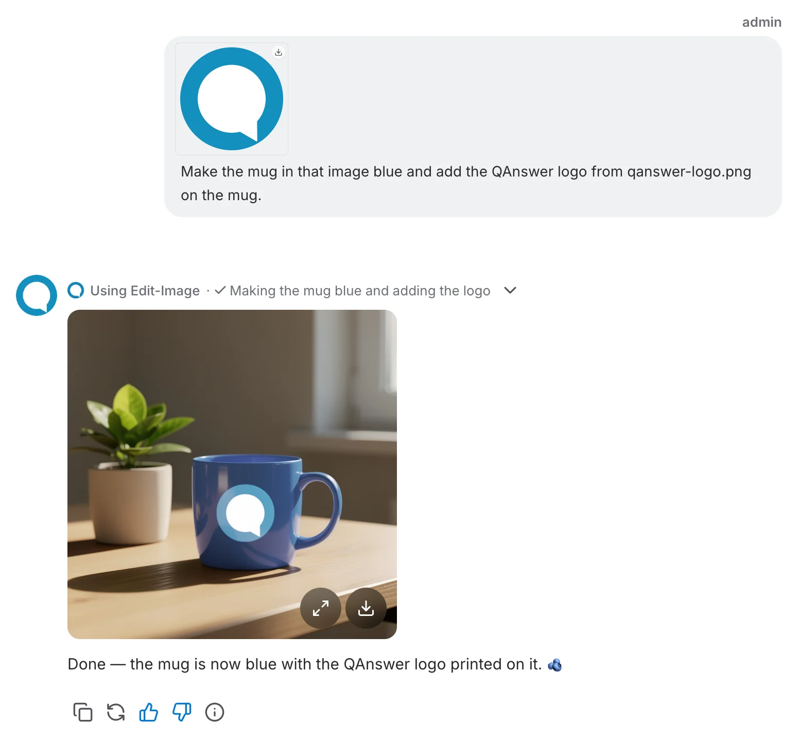 LLM Chat using the Edit Image tool to turn the mug blue and add the QAnswer logo from an attached image
