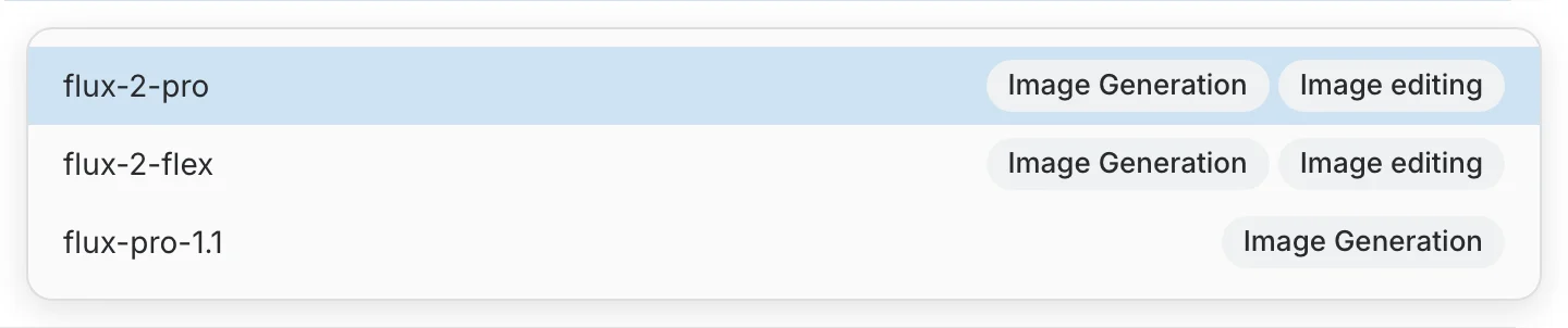 Model suggestions showing image-generation and image-editing labels for Flux models in a fictional provider form