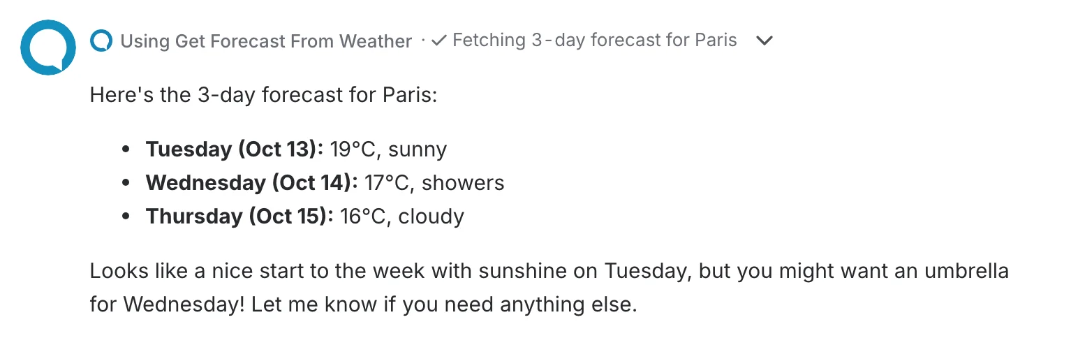The completed forecast answer after the tool run was approved