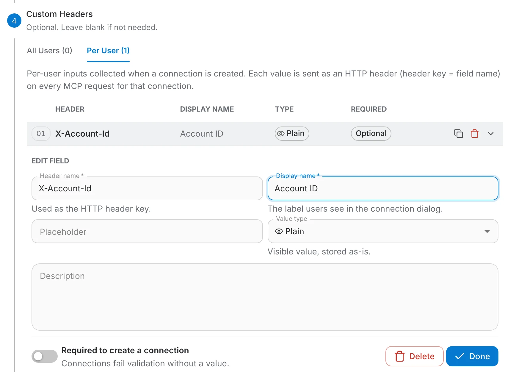 The Per User tab with an X-Account-Id field and its editor