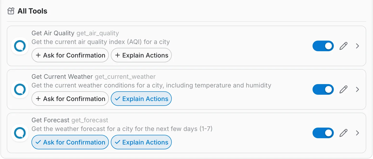 Tool cards with the Ask for Confirmation and Explain Actions chips, off on one tool and on on another