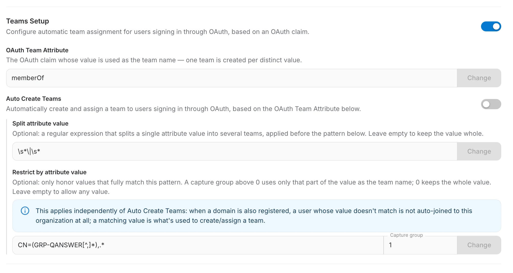 The Teams Setup section of the Access page, showing the three options: Auto-create teams, Split by team attribute, and Restrict access by team attribute
