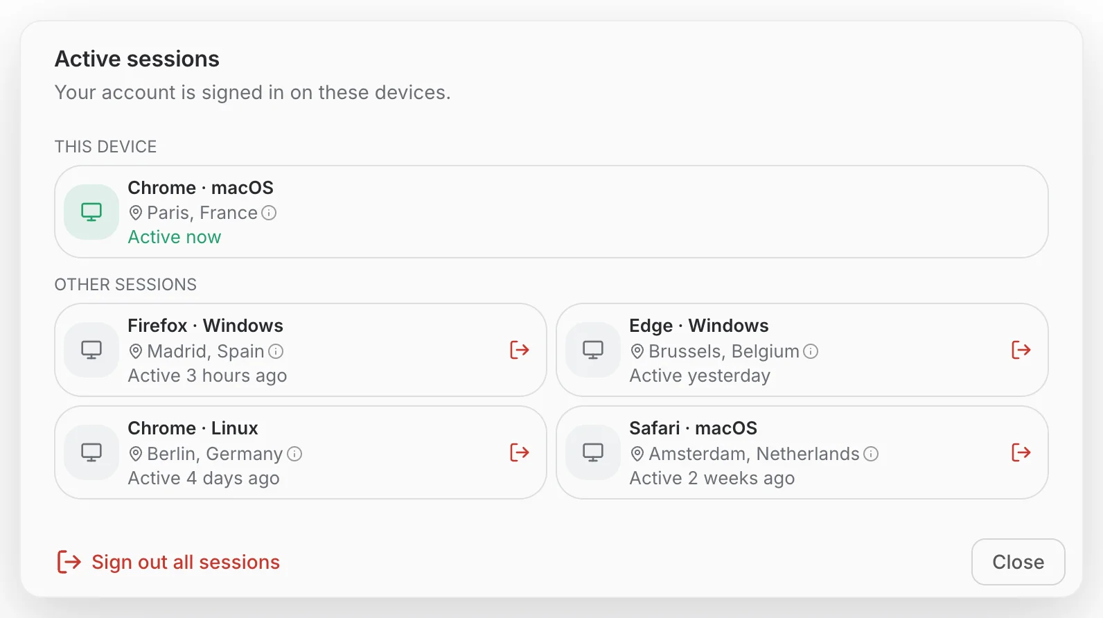The Active sessions dialog with this device and four other sessions