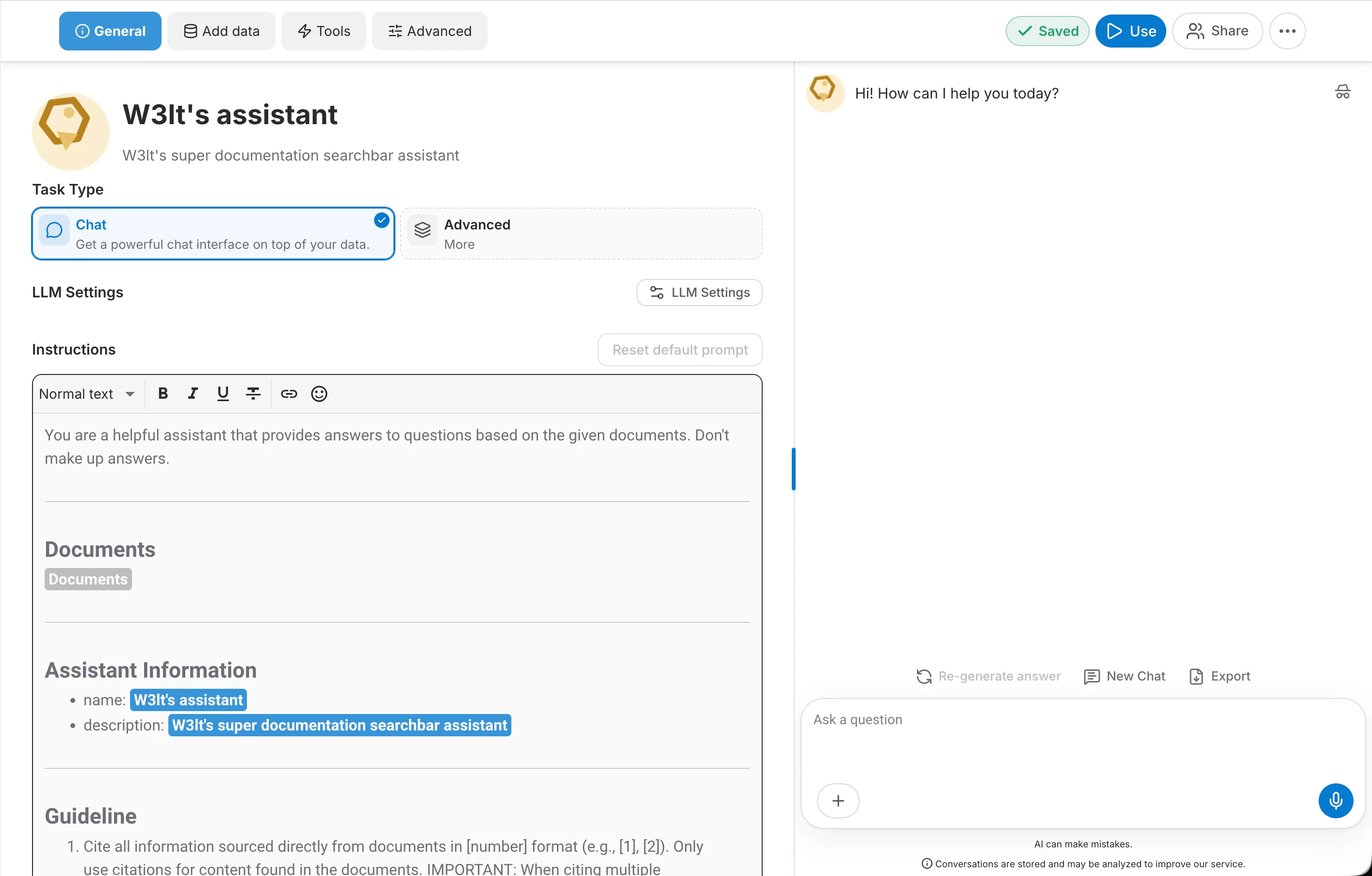 QAnswer AI Assistant settings panel