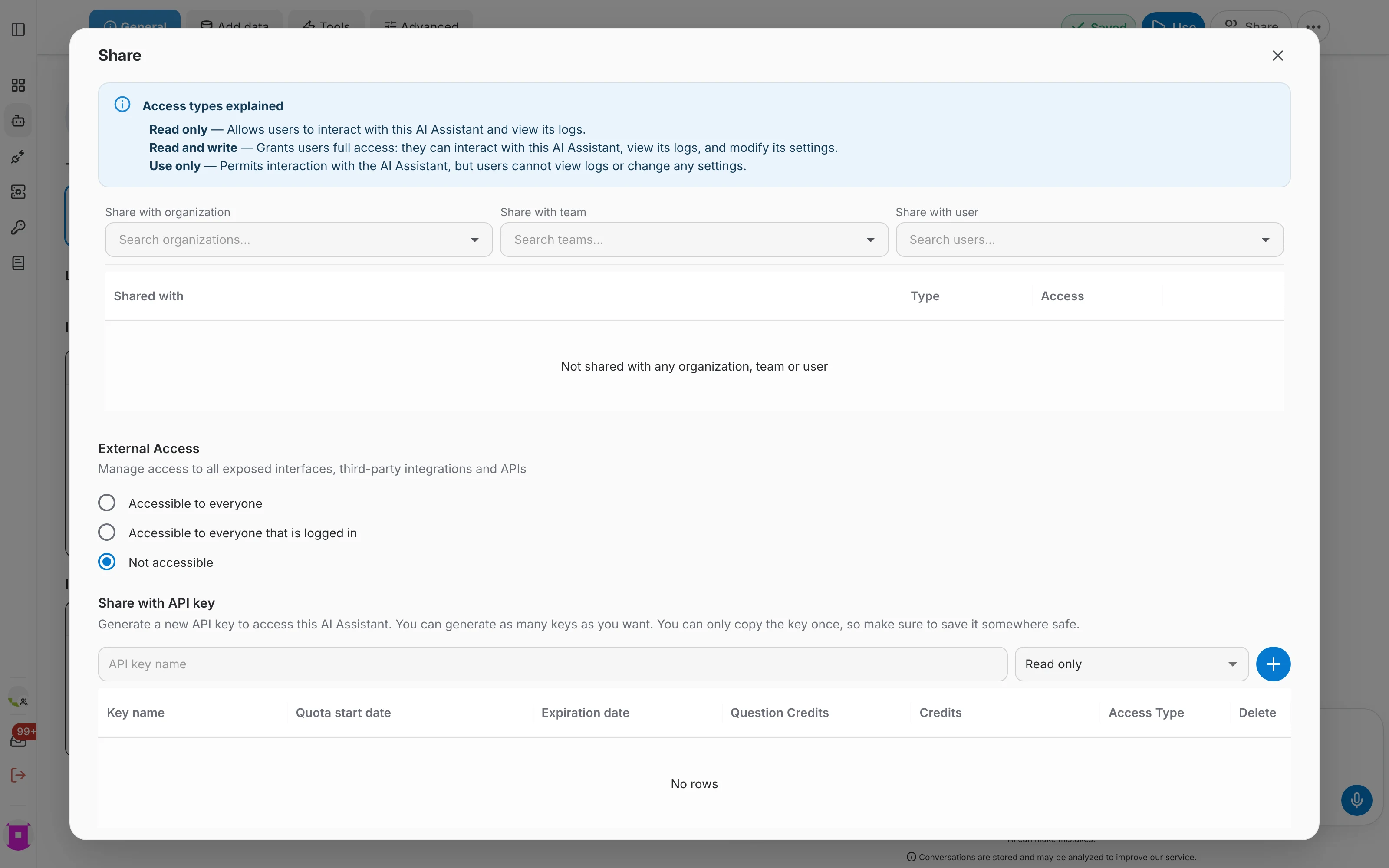 Share dialog of an assistant