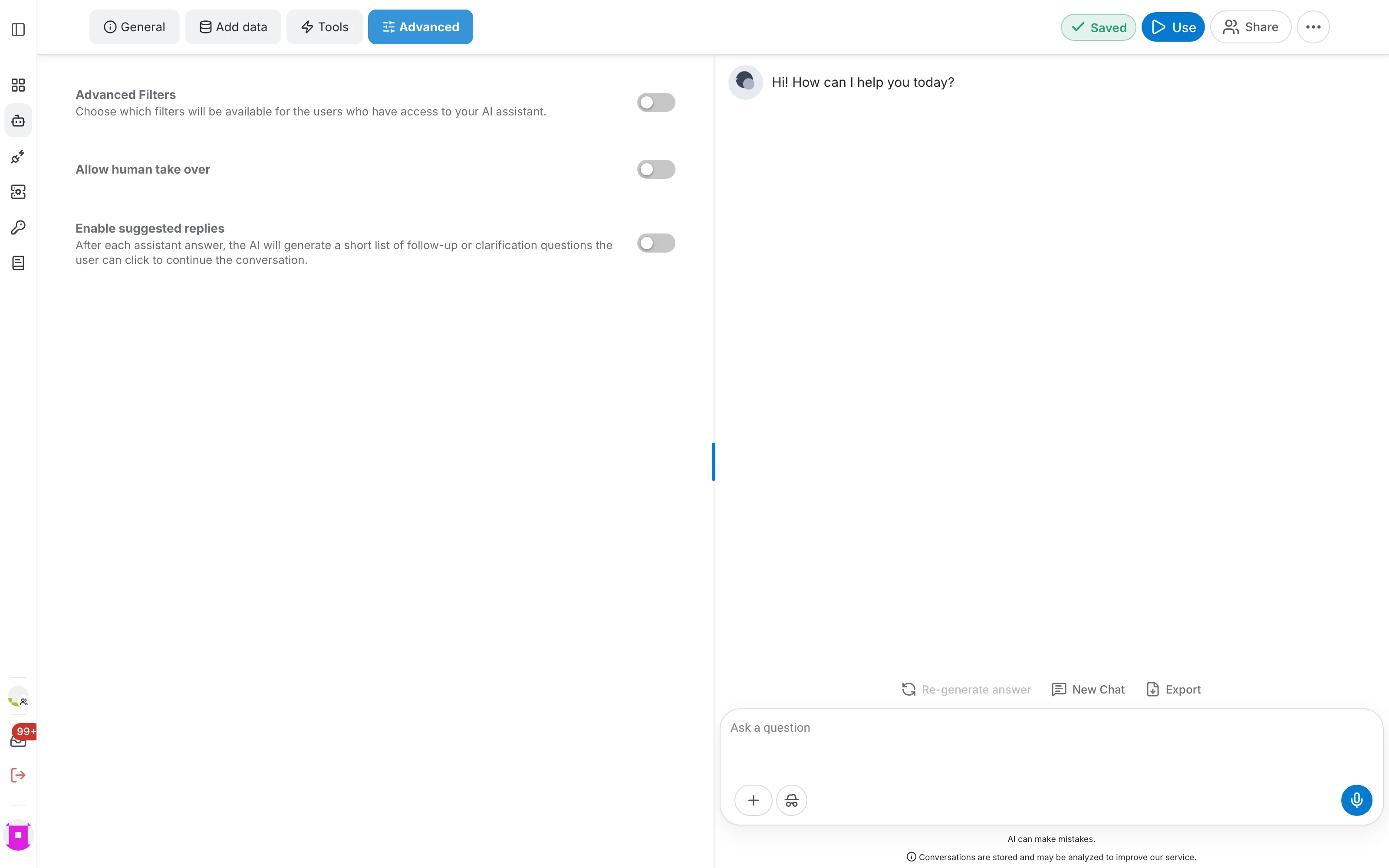 Advanced settings of an assistant
