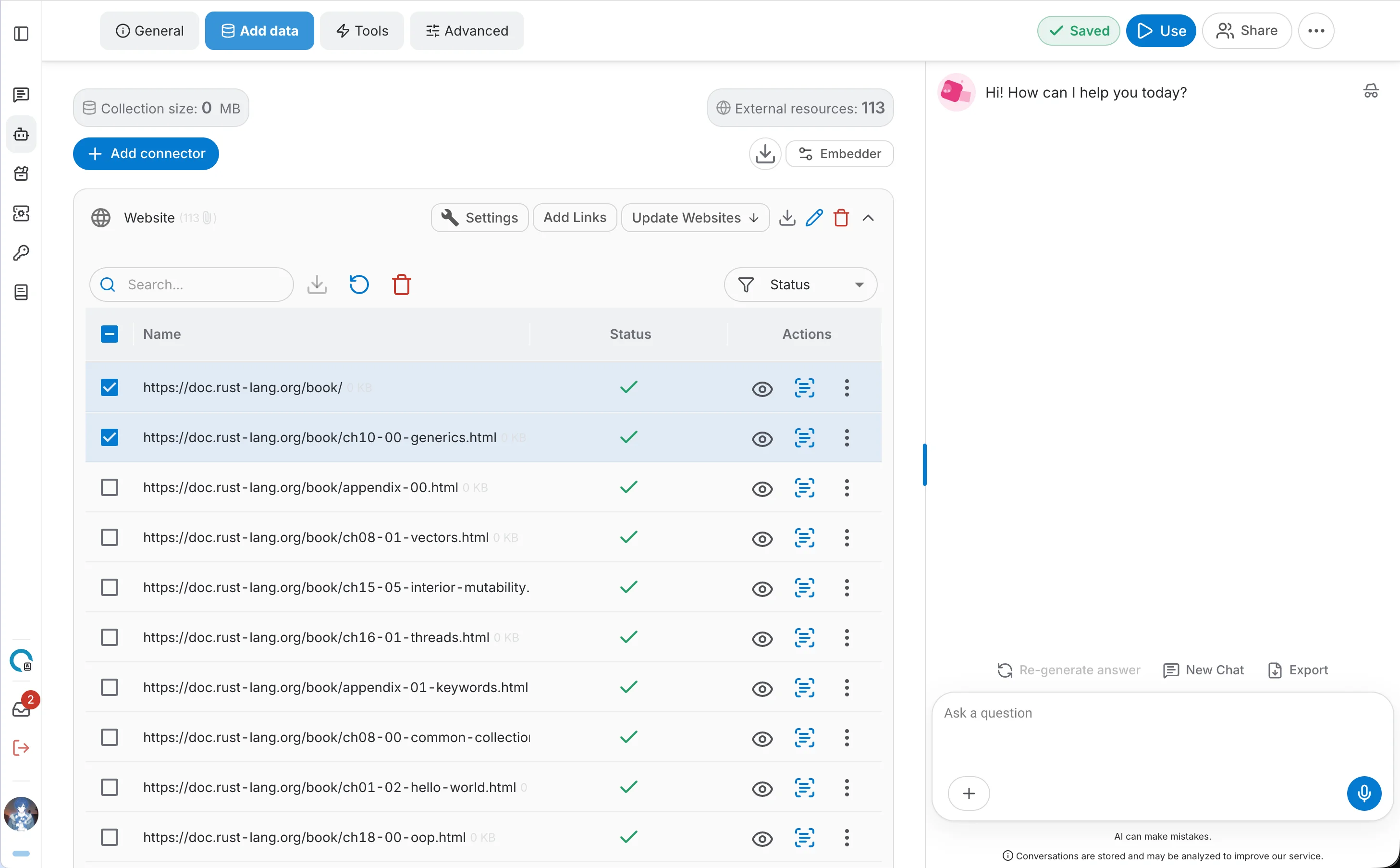 Document table with batch download and delete toolbar