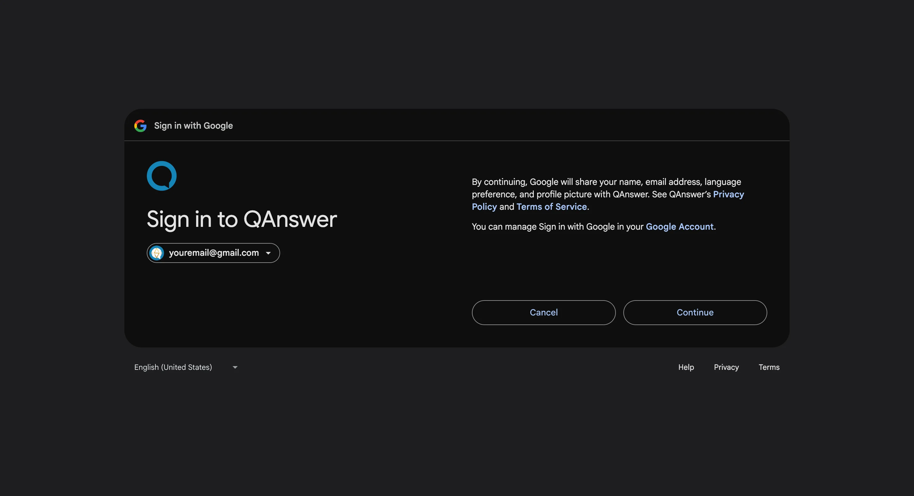 Confirming the sign-in to QAnswer
