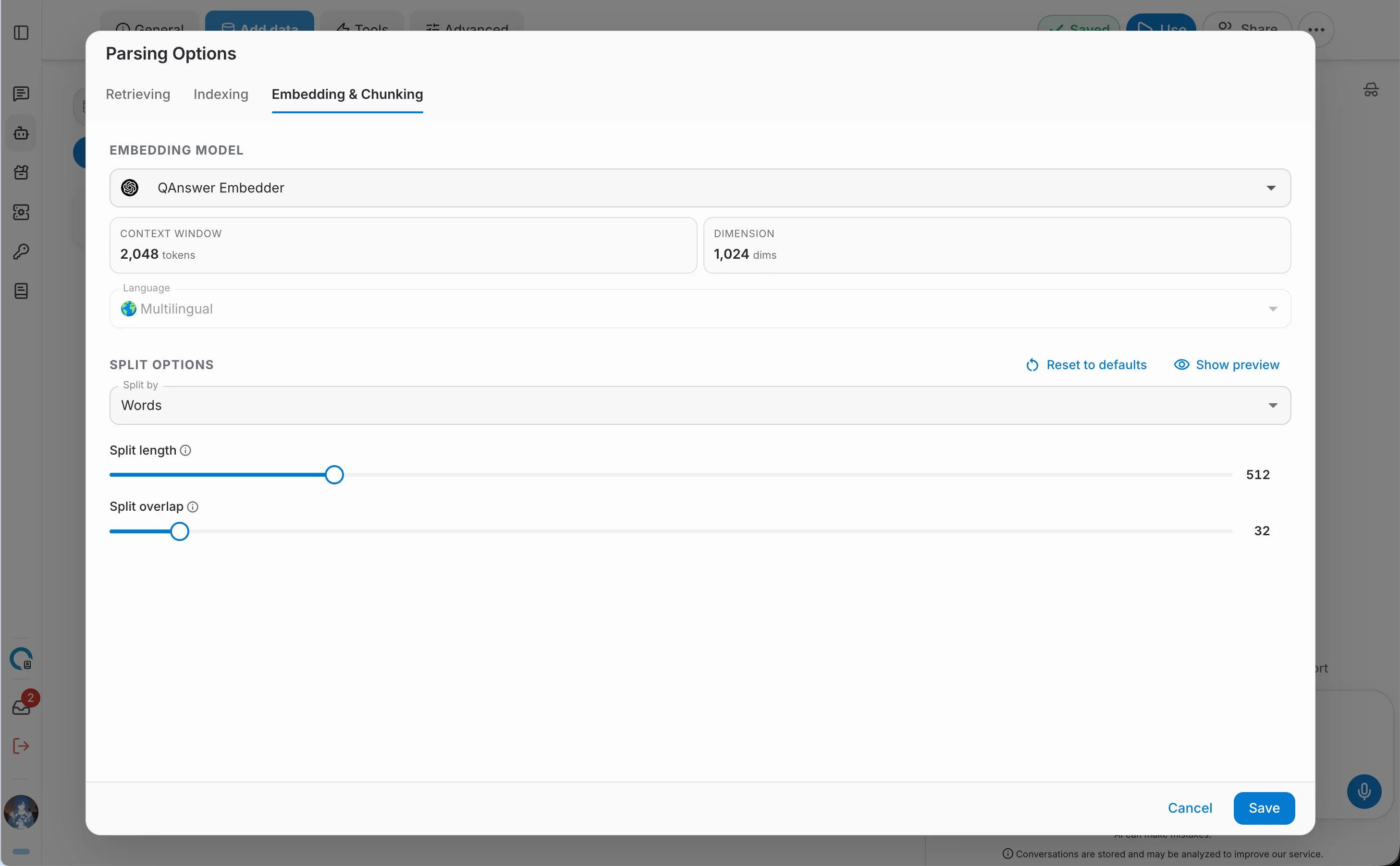 Embedding & Chunking tab of the Parsing Options dialog