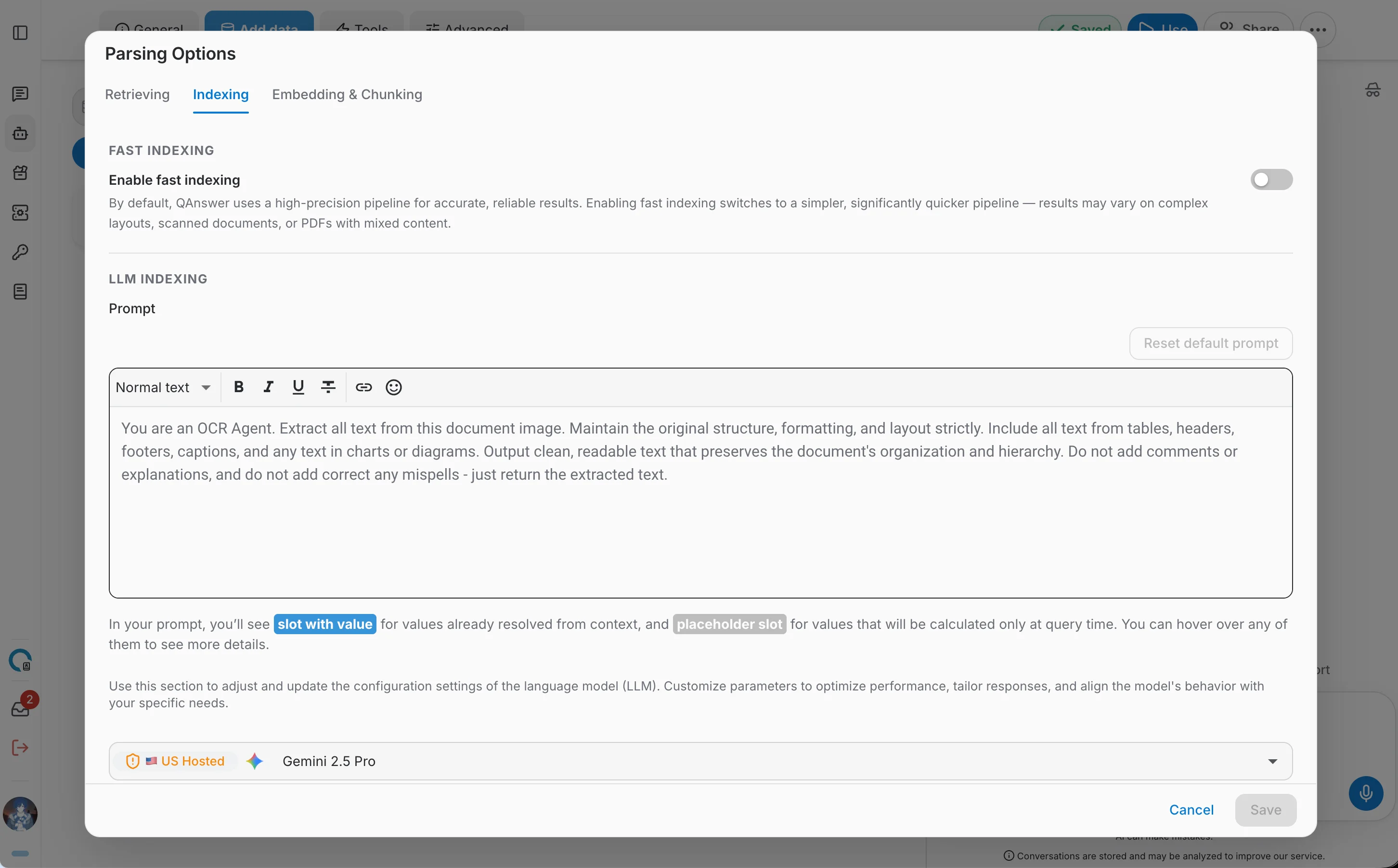 Indexing tab of the Parsing Options dialog