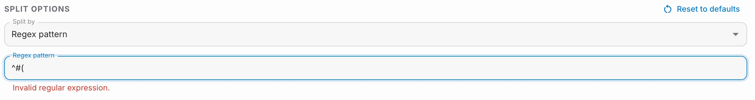Regex pattern field showing the invalid regular expression error
