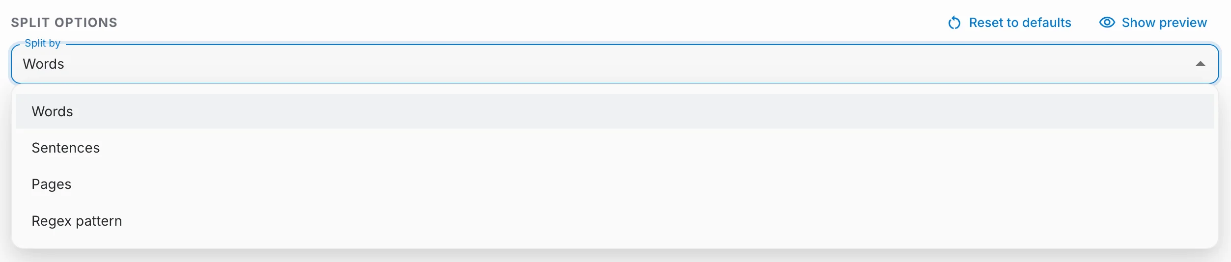 Split by dropdown with the Regex pattern option