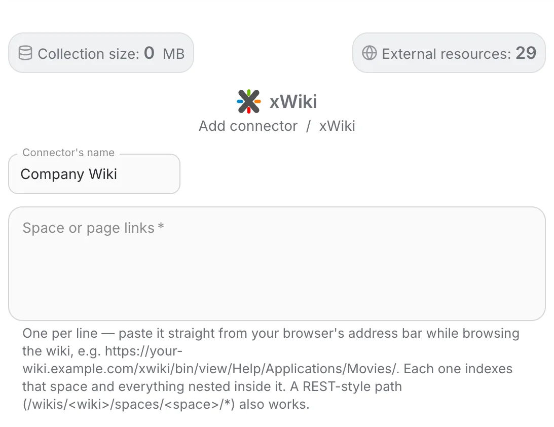 Adding another space link to an existing xWiki connector, with credentials already filled in